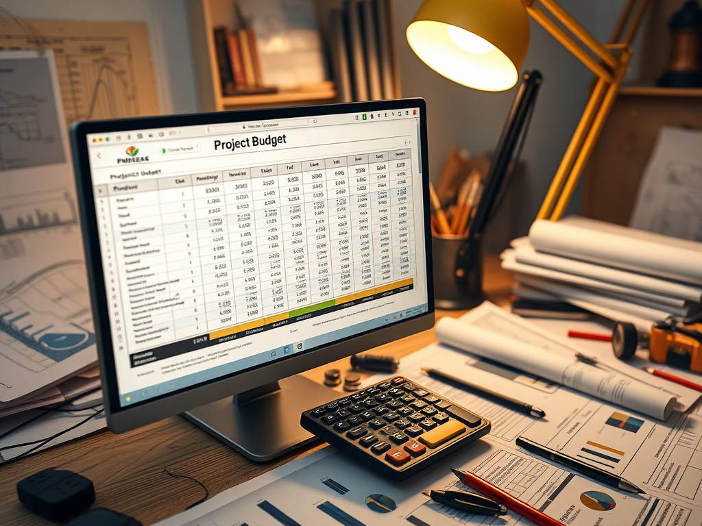 На экране компьютера открыт проектный бюджет, вокруг лежат документы и канцелярские принадлежности.