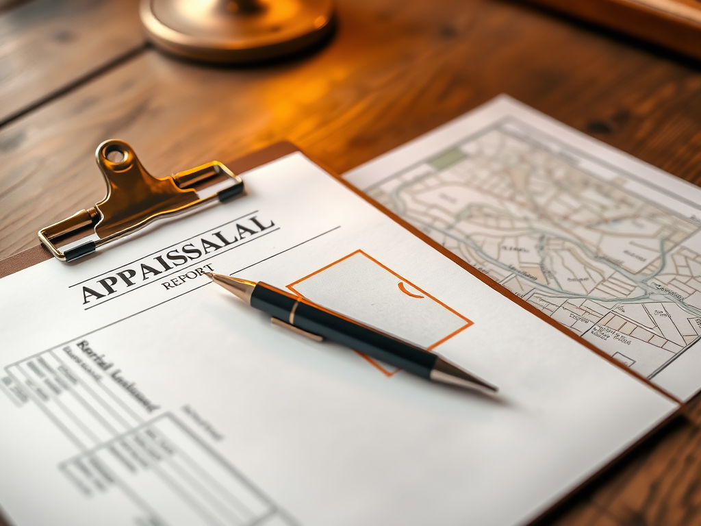 На столе лежит отчет с заголовком "APPRAISAL" и черная ручка рядом с картой.