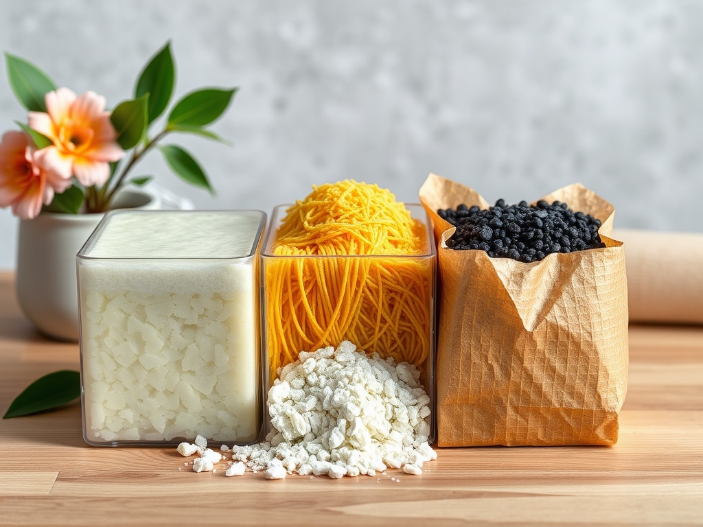 На изображении представлены три контейнера с продуктами: мука, вермишель и черные бобы, а также цветок.