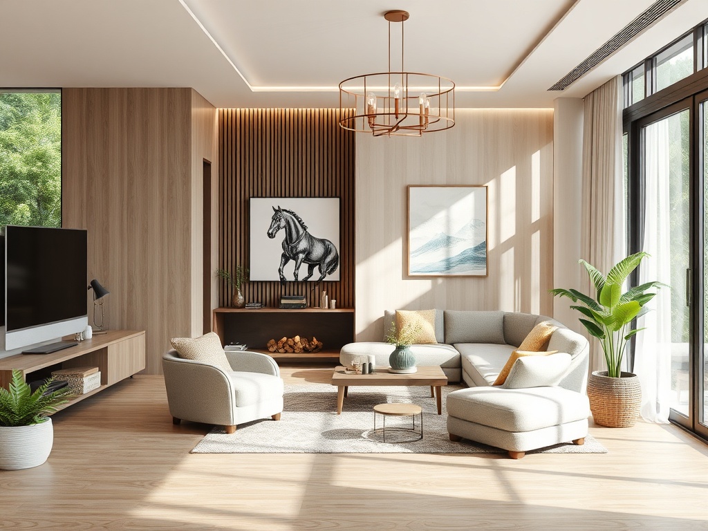 Современная гостиная с мягкими диванами, телевизором, картинами и зелеными растениями на фоне больших окон.