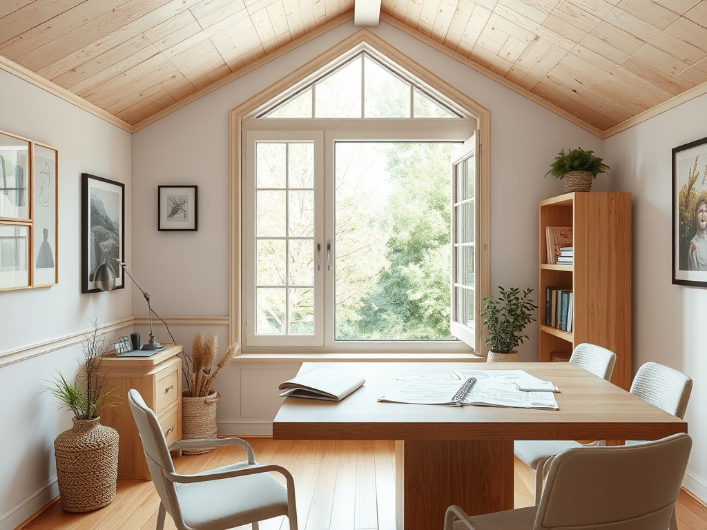 Современный офис с деревянным потолком, столом, креслами и большим окном, выходящим на зелень.