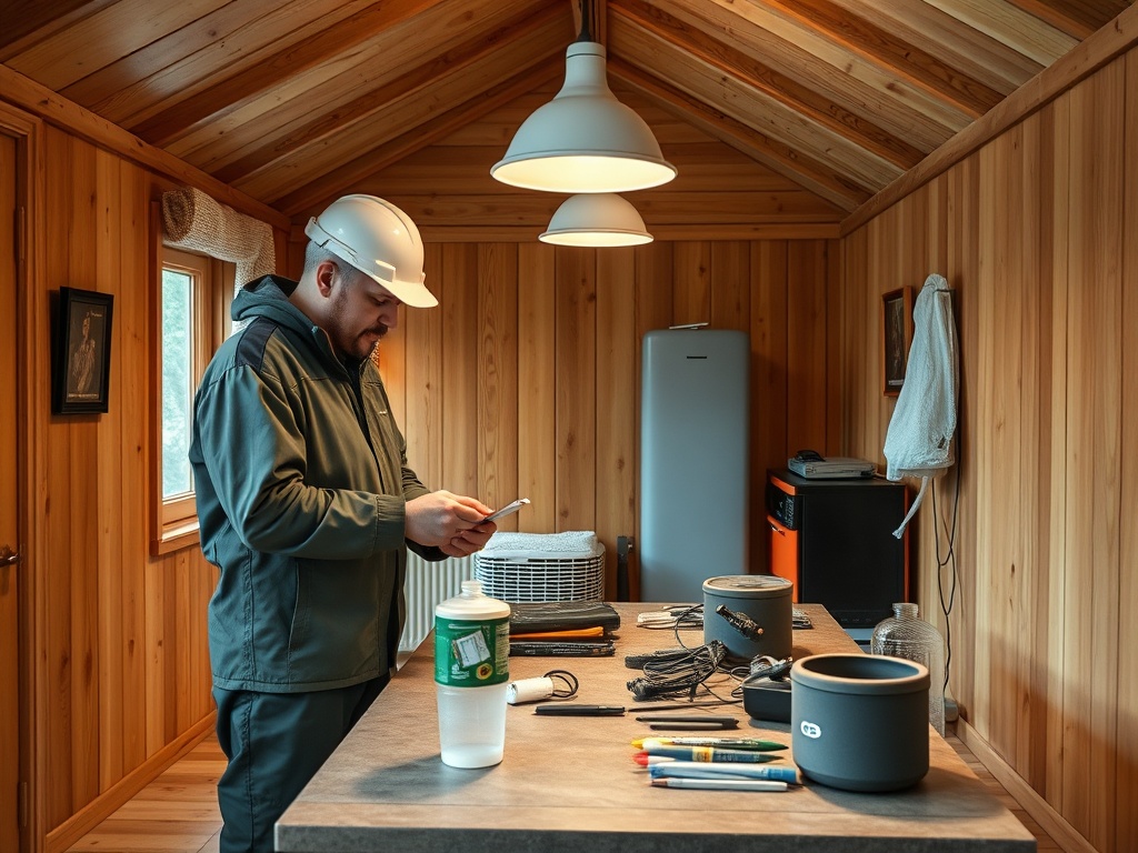 Мужчина в каске стоит за столом с инструментами и проверяет телефон в деревянном доме. Внутри уютно.