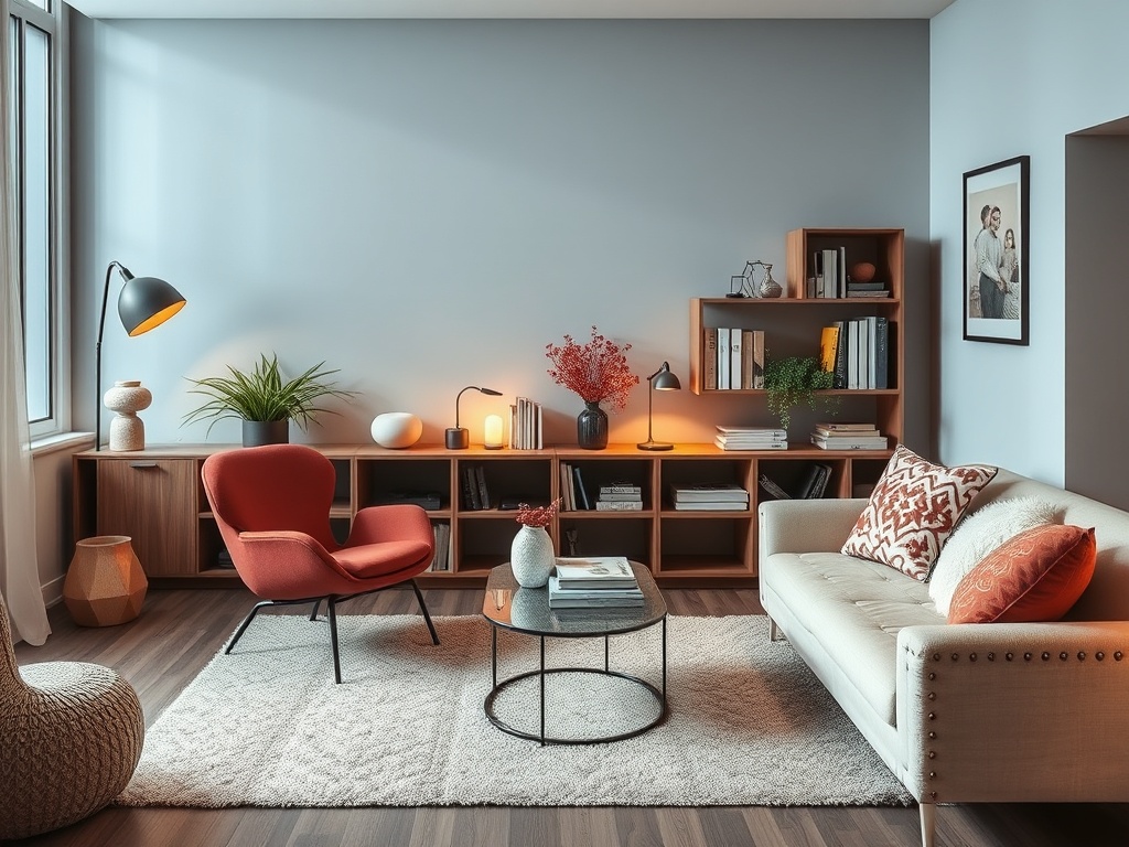 Современный уютный интерьер с красным креслом, диваном и книжными полками, освещенный тёплым светом.