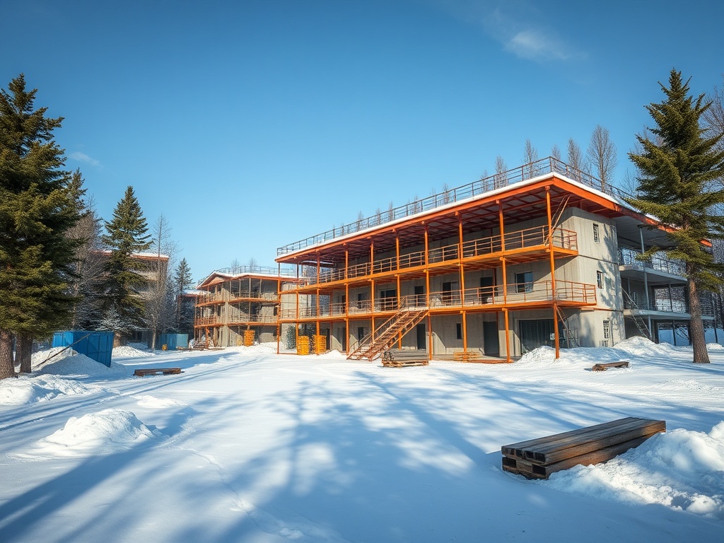 Здание в зимнем пейзаже, окружённое снегом и деревьями, с яркими оранжевыми балконами.