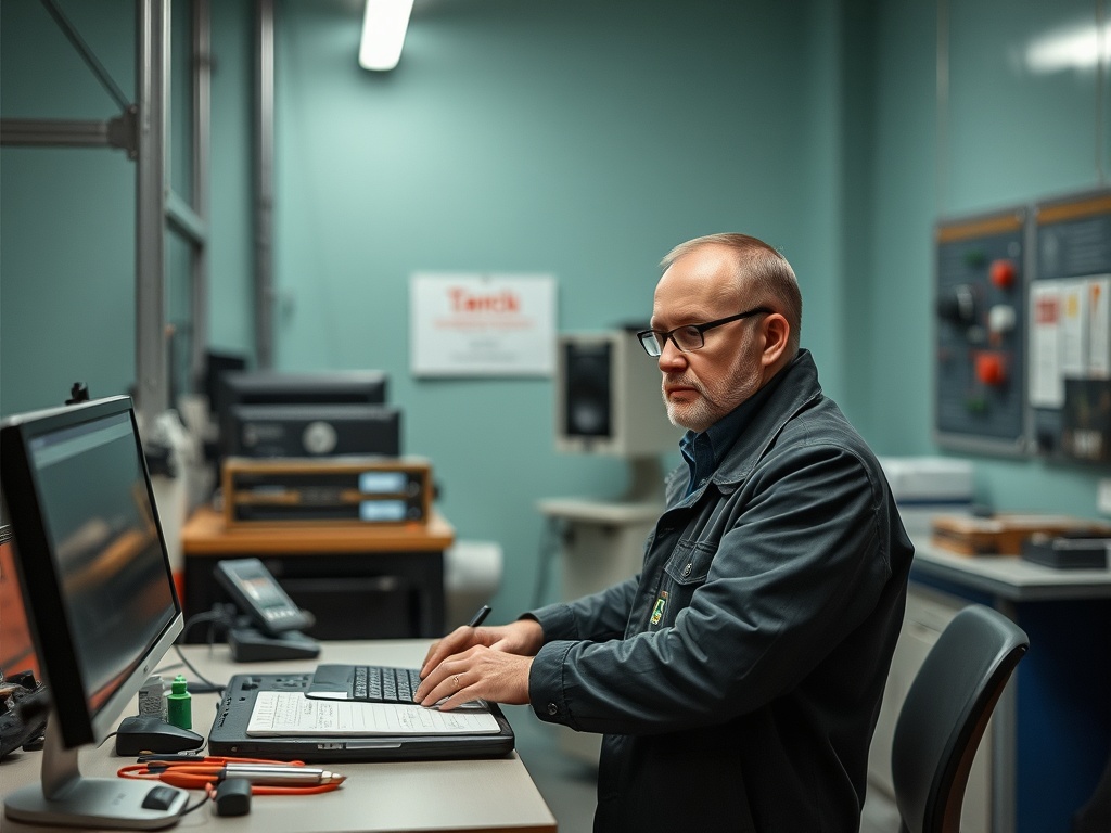 Мужчина в очках работает за компьютером в офисе с зелеными стенами и техникой на столе.