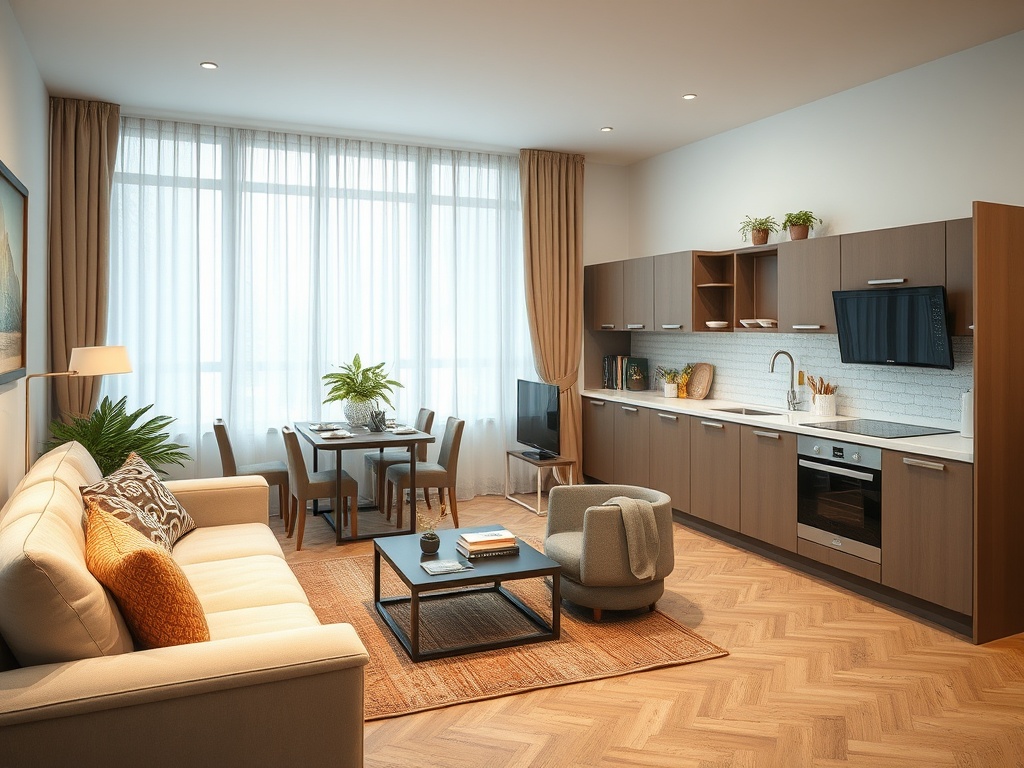 Современный уютный интерьер с кухней, обеденной зоной и зоной для отдыха, много света и зелени.