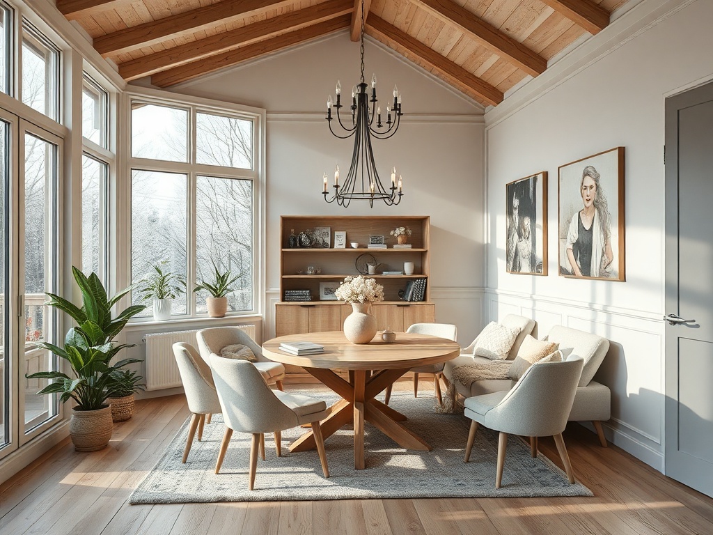 Светлая гостиная с круглым столом, мягкой мебелью и большими окнами, украшенная зелеными растениями.