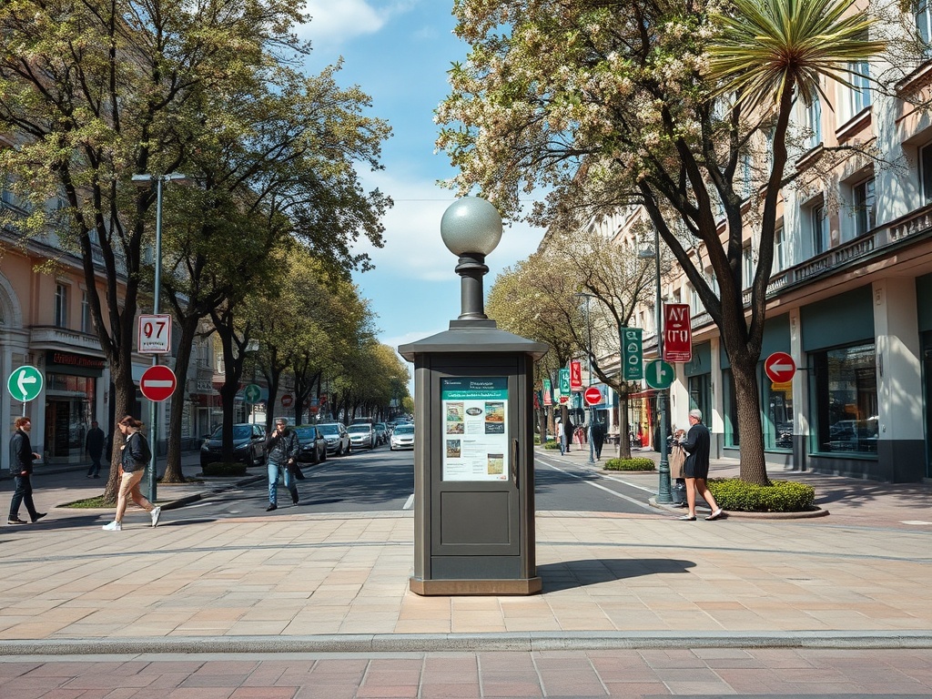 Улица с деревьями, дорожными знаками и витринами магазинов. На переднем плане киоск с информацией.
