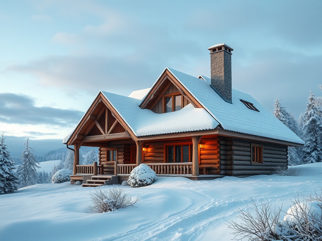 Деревянный дом, покрытый снегом, окружённый зимним лесом под голубым небом. Уютная идиллия зимы.