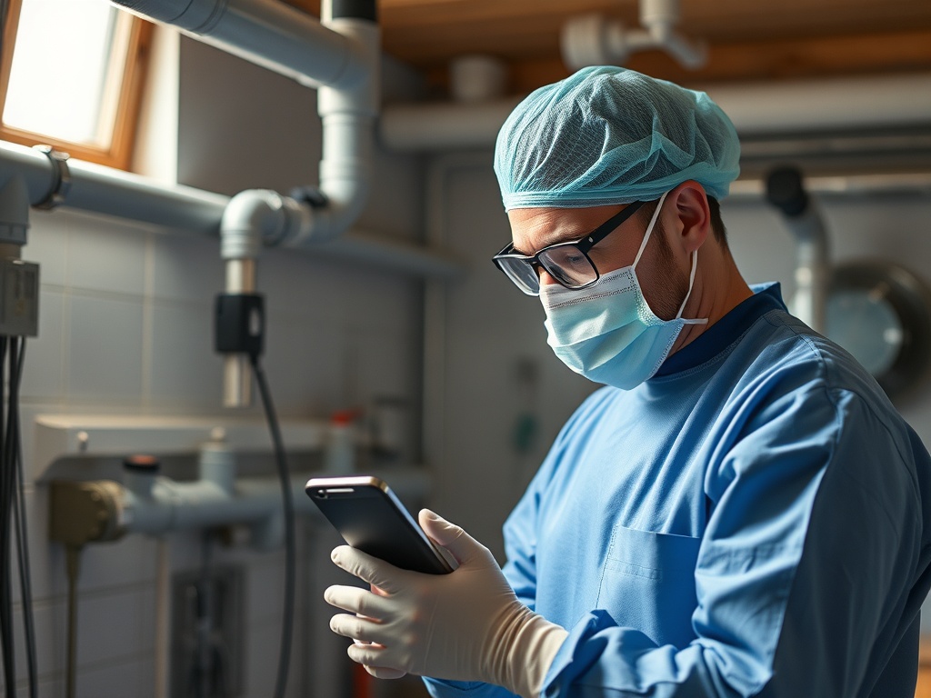 Медицинский работник в защитной одежде просматривает телефон в помещении с трубами и оборудованием.