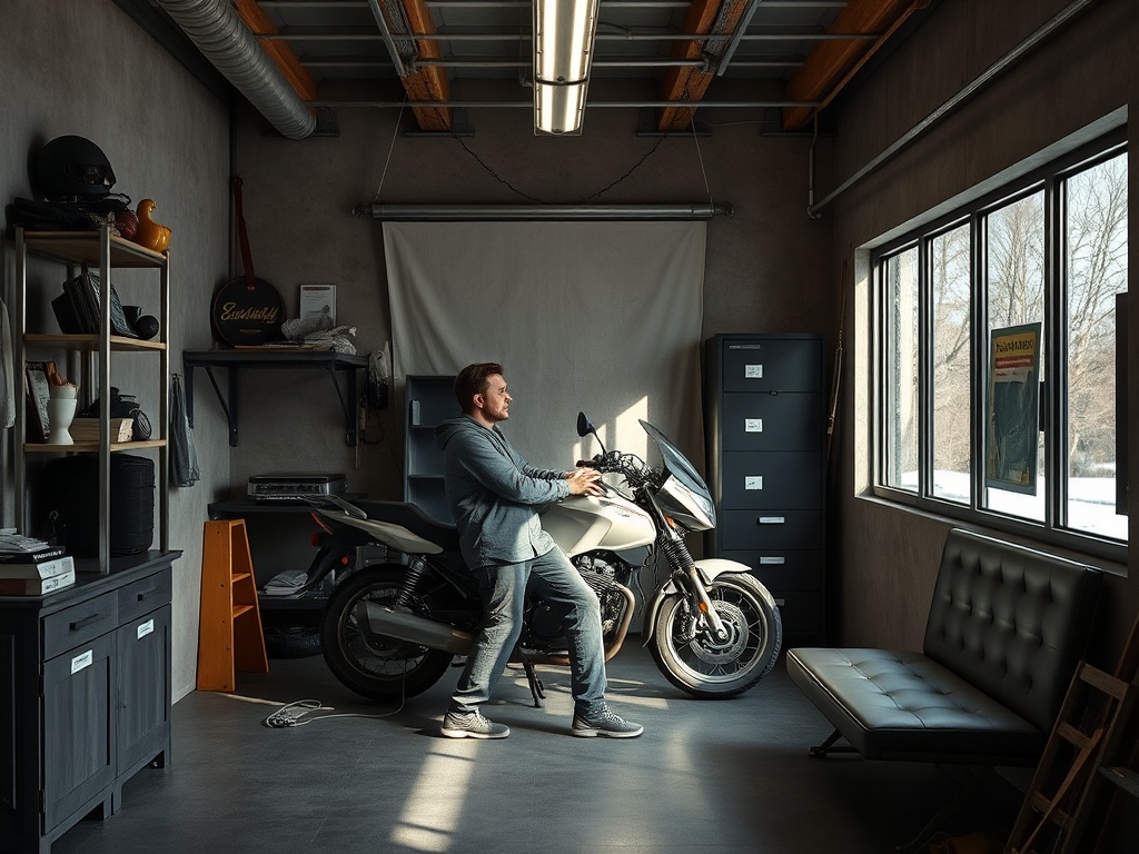 Мужчина стоит рядом с мотоциклом в стильном гараже с окнами и современными стеллажами.