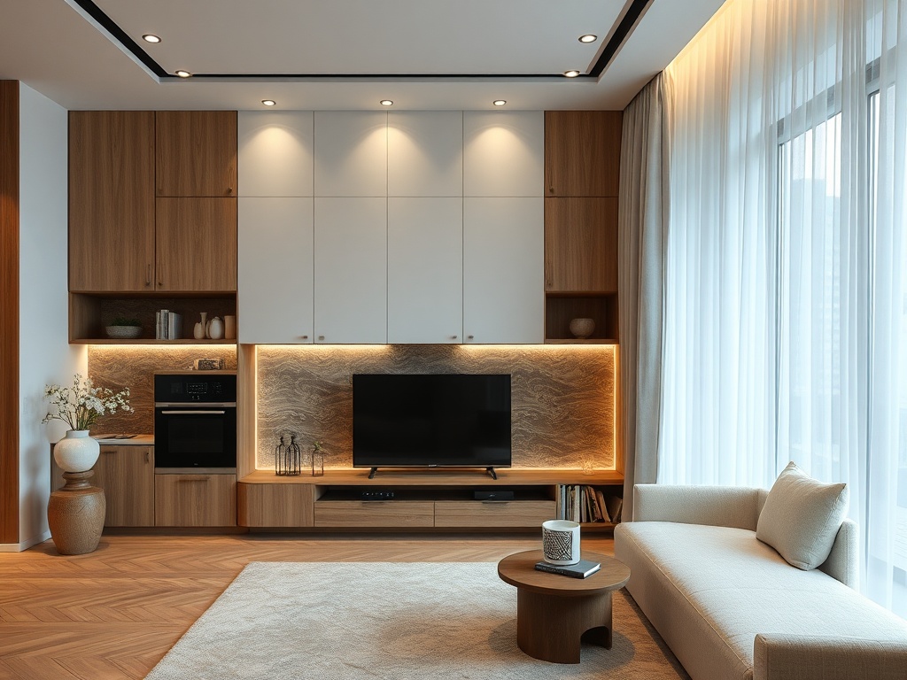 Современная гостиная с телевизором, мягким диваном и деревянной мебелью, освещённая мягким светом.