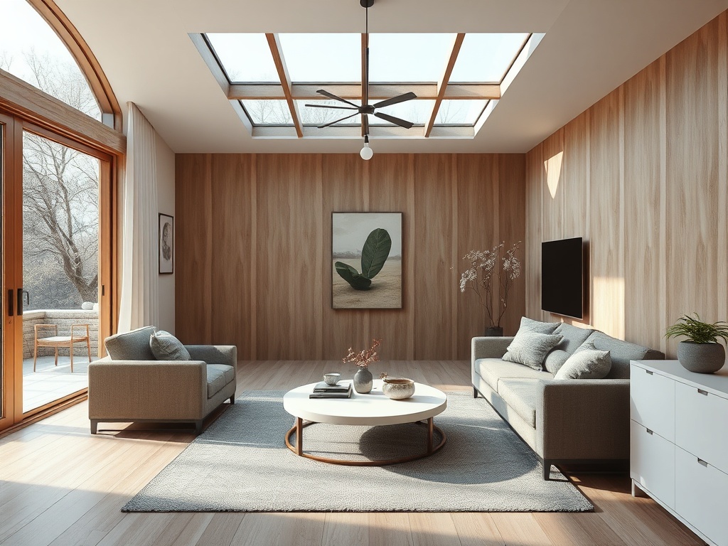 Светлая гостиная с большими окнами, растением на стене и уютной мебелью в современном стиле.