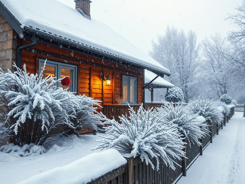 Зимний дом, окруженный снегом. На деревьях белый снег и фонарик, уютный свет из окон. Снег падает.