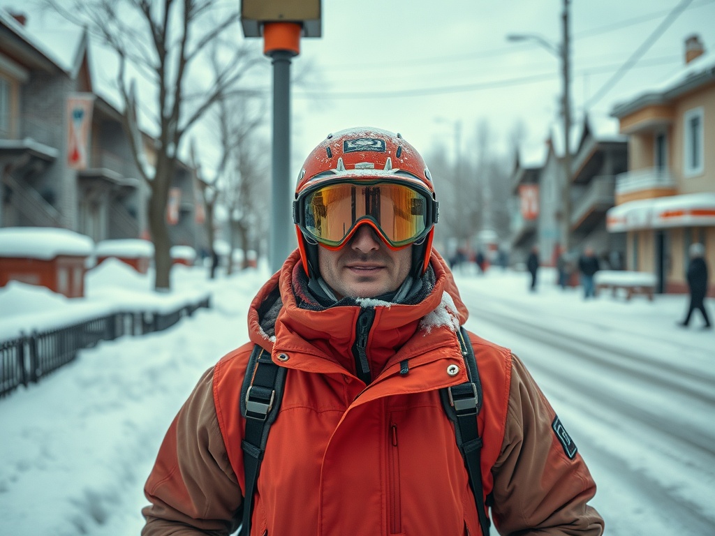 На улице зимний пейзаж, человек в оранжевой куртке и каске, снег на земле и деревьях.