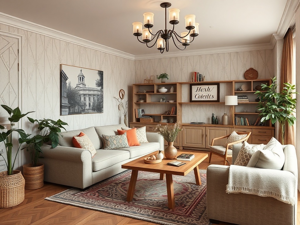 Современная гостиная с удобной мебелью, зелеными растениями и стильными декорациями. Уютная атмосфера гармонии.