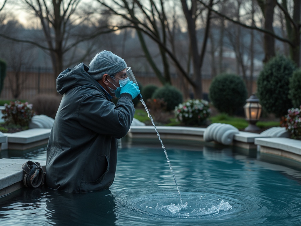 Человек в маске и перчатках пьёт воду из прозрачного стакана у бассейна. Вокруг зелёные растения.