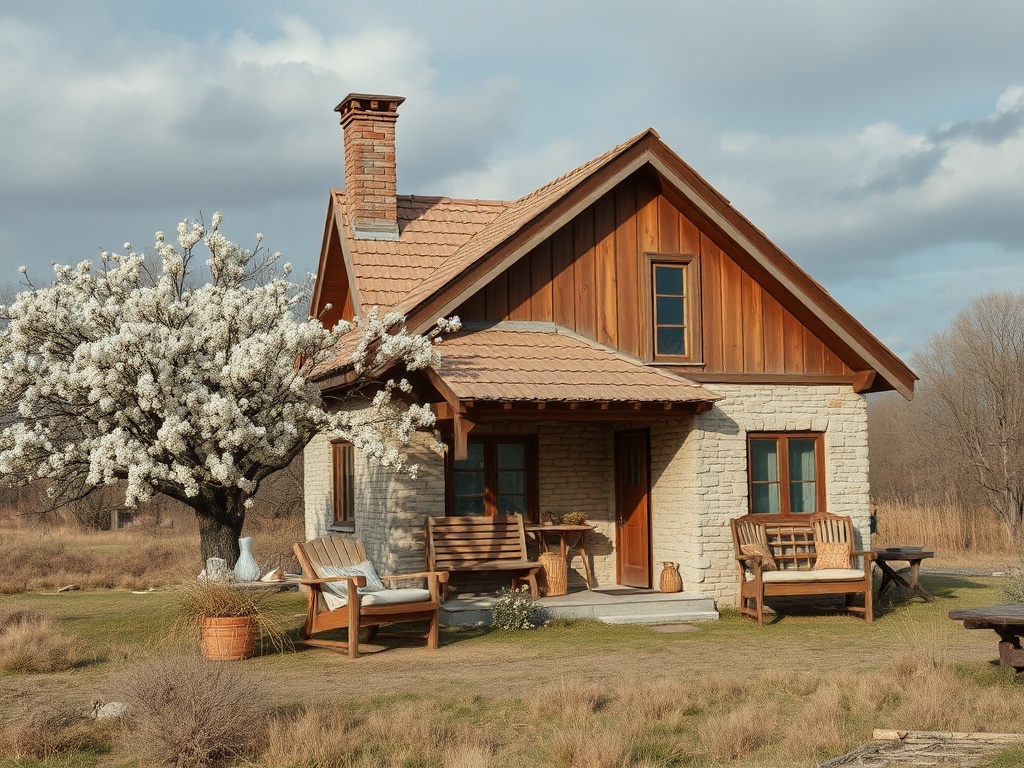 Очаровательный загородный дом с белым цветущим деревом на фоне облачного неба и зелёного луга.