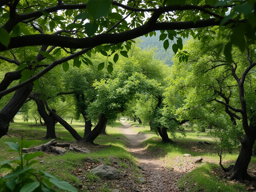 Пейзаж с зелеными деревьями и тропинкой, усыпанной камнями, в живописном лесу.