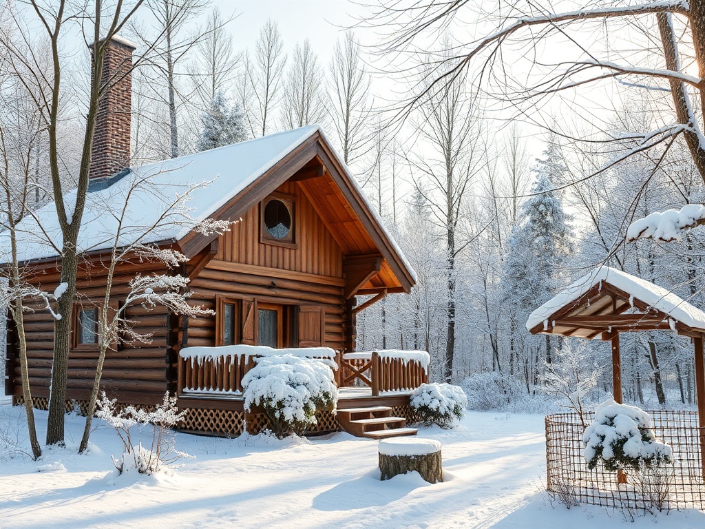 Зимний пейзаж с деревянным домом, окружённым снежными деревьями и чистым белым снегом. Спокойная атмосфера природы.