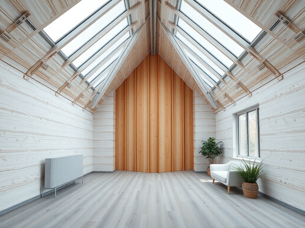 Современный интерьер с большими окнами, деревянными стенами и угловым диваном на светлом полу.