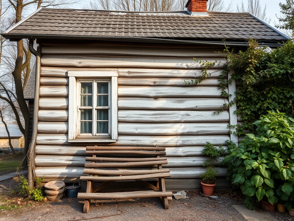 Деревянный дом с окном и скамейкой, окруженный зеленью и растениями. Спокойная пригородная обстановка.