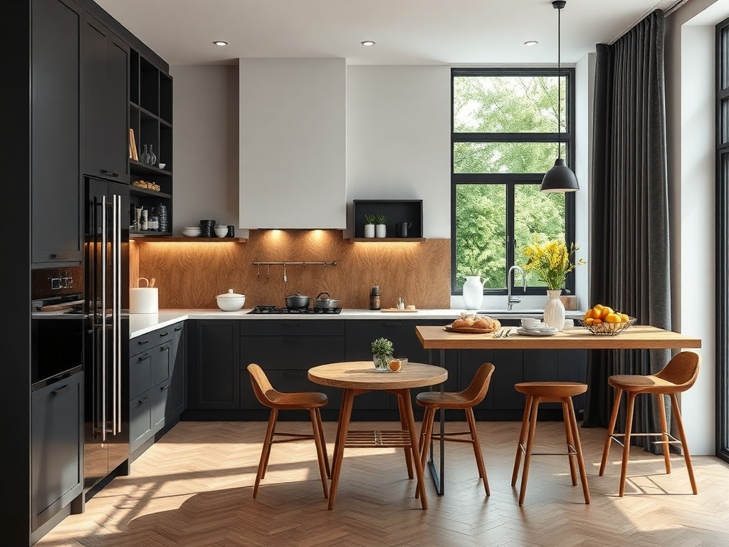 Современная кухня с черными шкафами, деревянной отделкой и столом, на котором фрукты и выпечка.