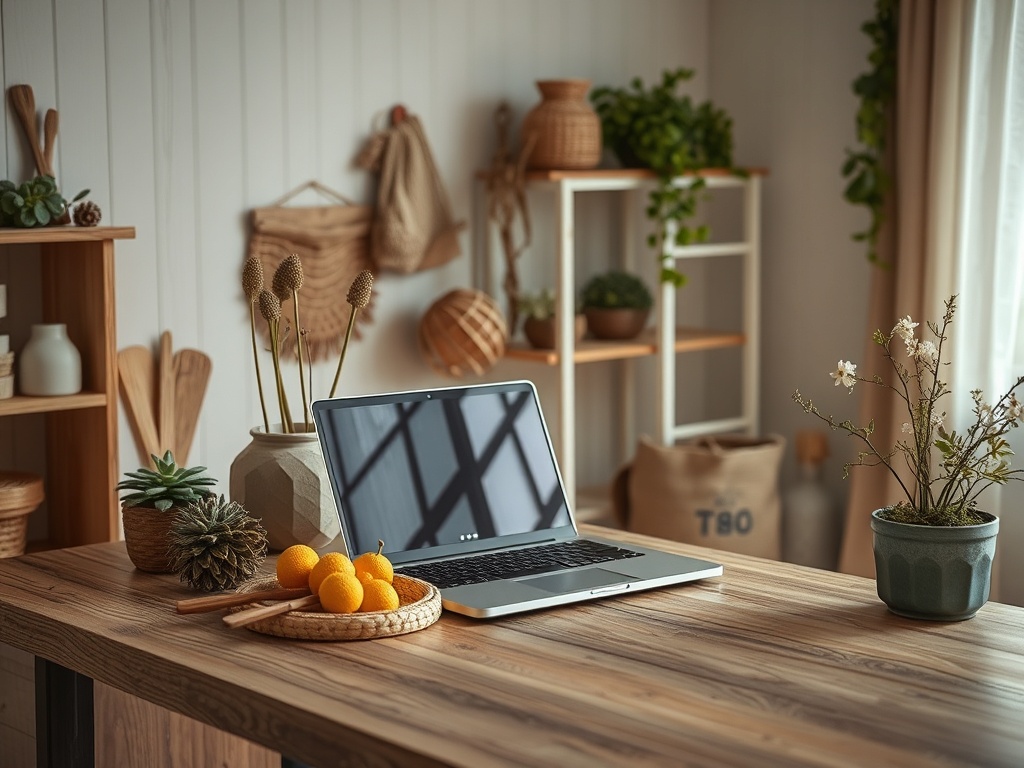 Современный рабочий стол с ноутбуком, фруктами и зелеными растениями на фоне уютного интерьера.