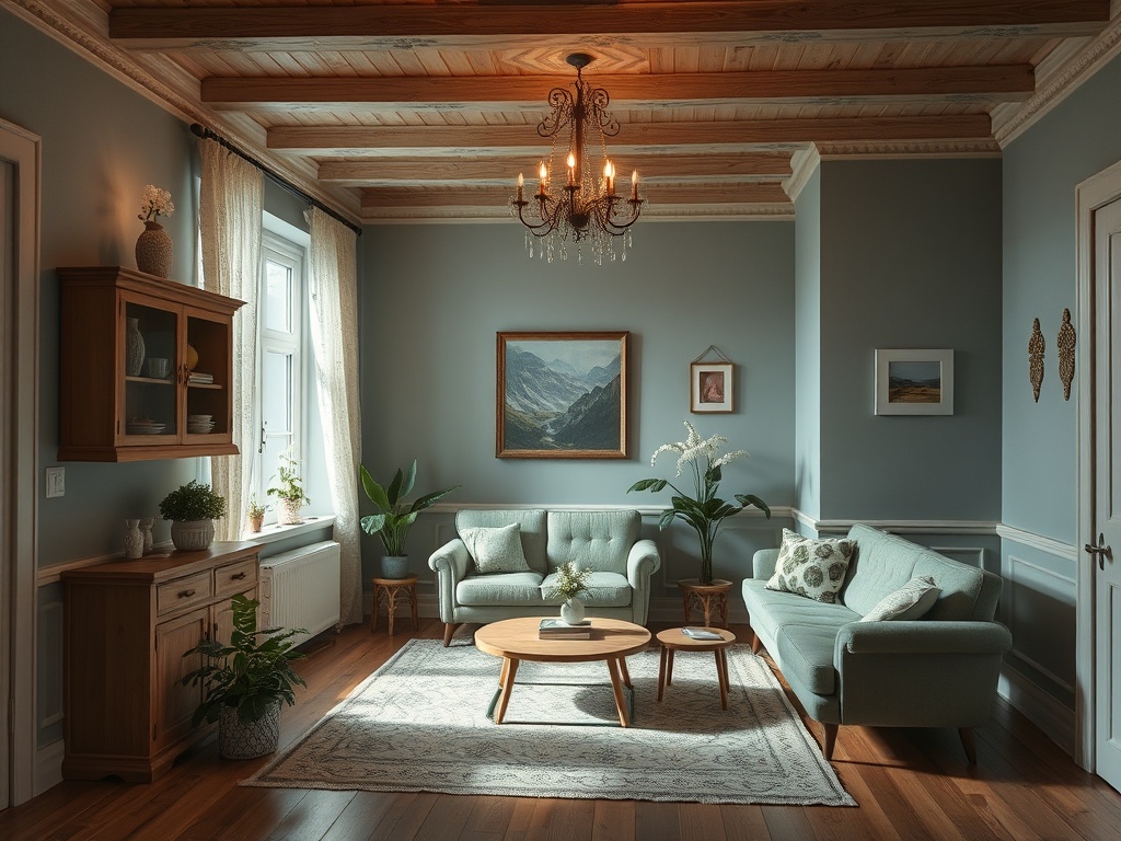 Уютная гостиная с картинами, мягкой мебелью и зелеными растениями на фоне светлых стен и деревянного потолка.