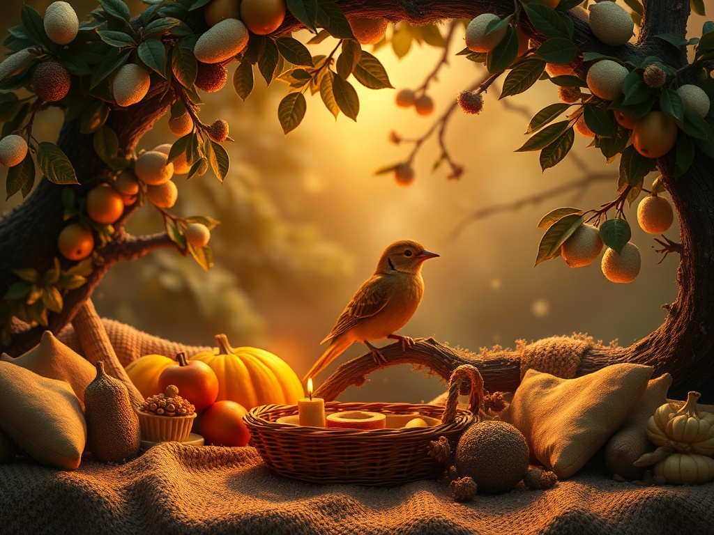 На столе под ярким светом стоят тыквы, фрукты и свеча, а рядом сидит птичка на ветке.